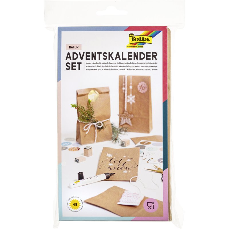 folia adventskalender papieren zakjes naturel, bruin, 24 zakjes met koord en etiketten