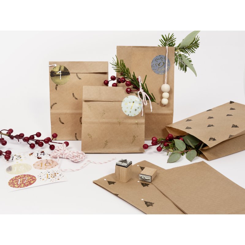 folia adventskalender papieren zakjes naturel, bruin, 24 zakjes met koord en etiketten