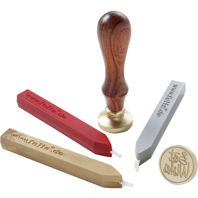folia lakzegelset, houten handvat, 25 mm diameter, 3 kleuren was
