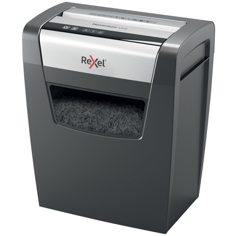 Rexel Momentum X312 papiervernietiger, deeltjessnit 5×42 mm, 12 blad, zwart/zilver