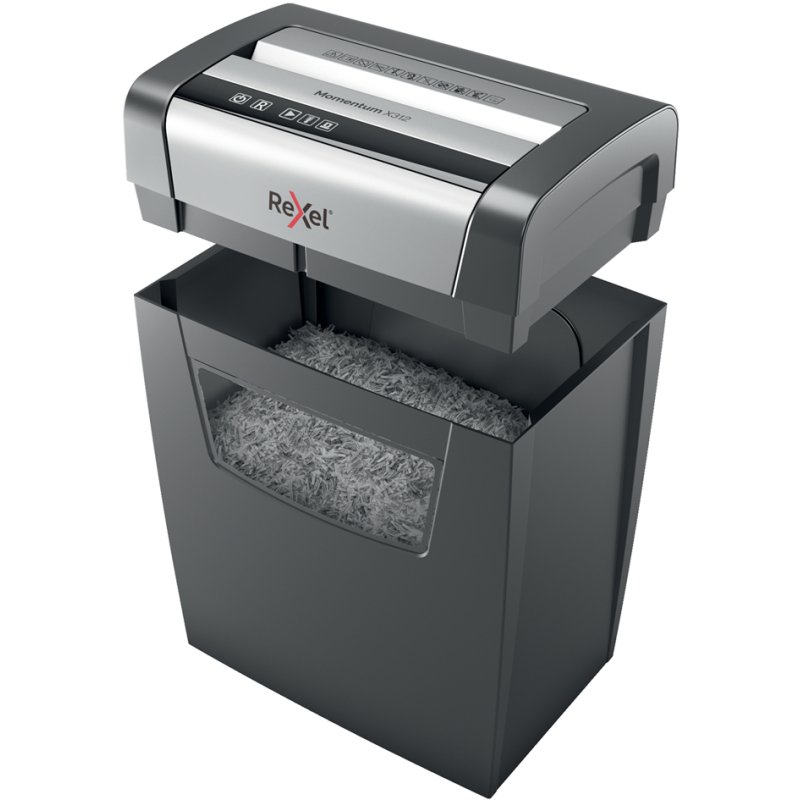 Rexel Momentum X312 papiervernietiger, deeltjessnit 5×42 mm, 12 blad, zwart/zilver