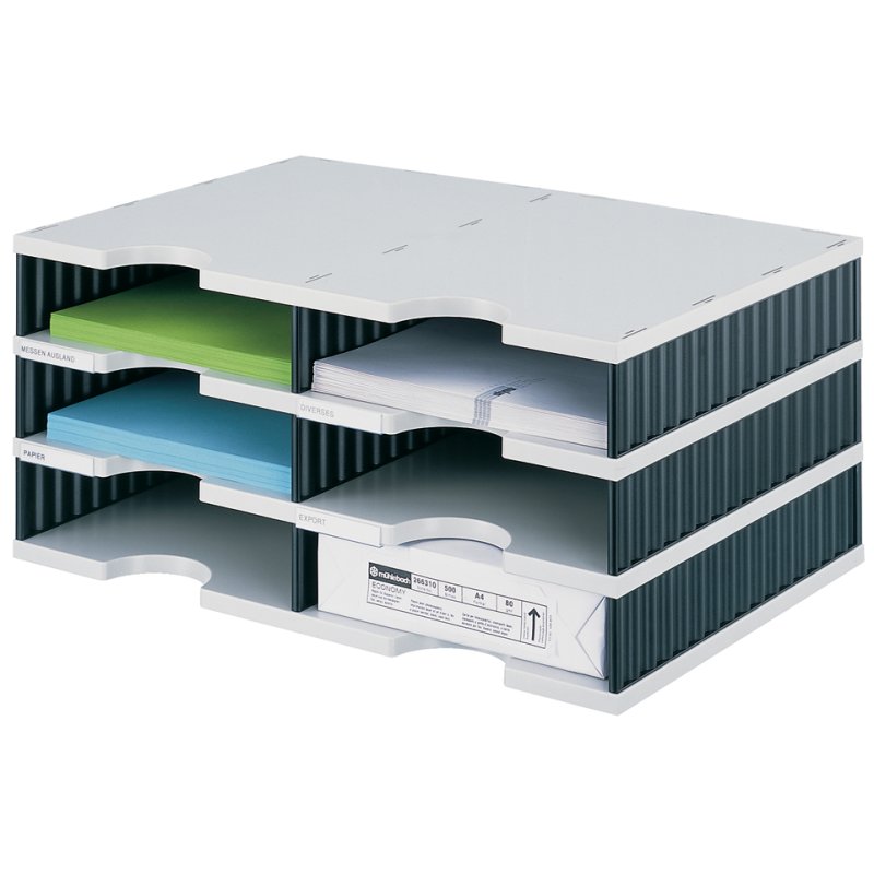 styro document organiser trio, 6 compartments, black/grey, 485×331×223 mm