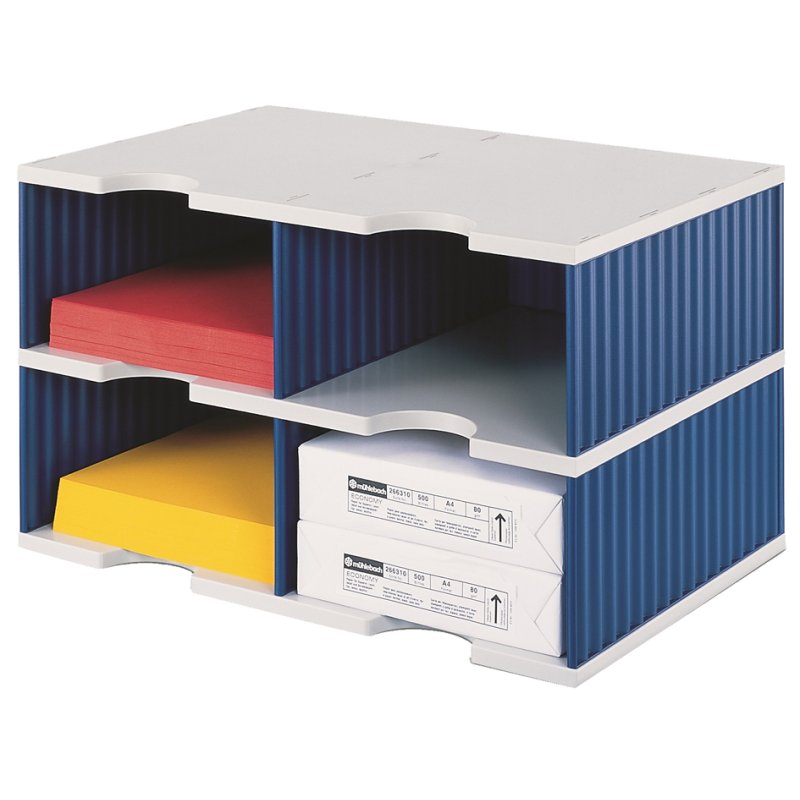 styro bac à documents duo, 4 compartiments, bleu/gris, 485×331×293 mm