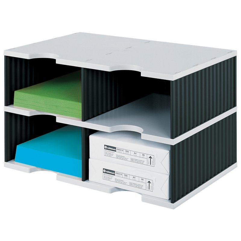 styro bac à documents duo, 4 compartiments, bleu/gris, 485×331×293 mm