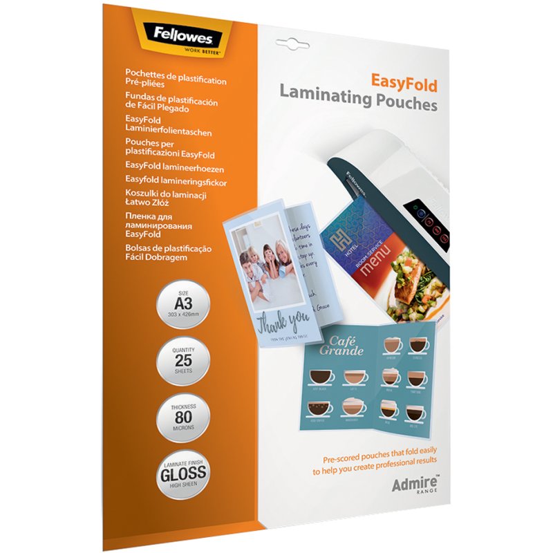 Fellowes pochettes de plastification EasyFold A4, avec pli, 160 mic, 25 pcs
