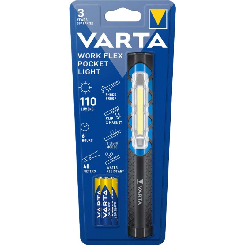 VARTA werklamp Work Flex Pocket Light, 110 lumen, IPX4, incl. 3 AAA batterijen