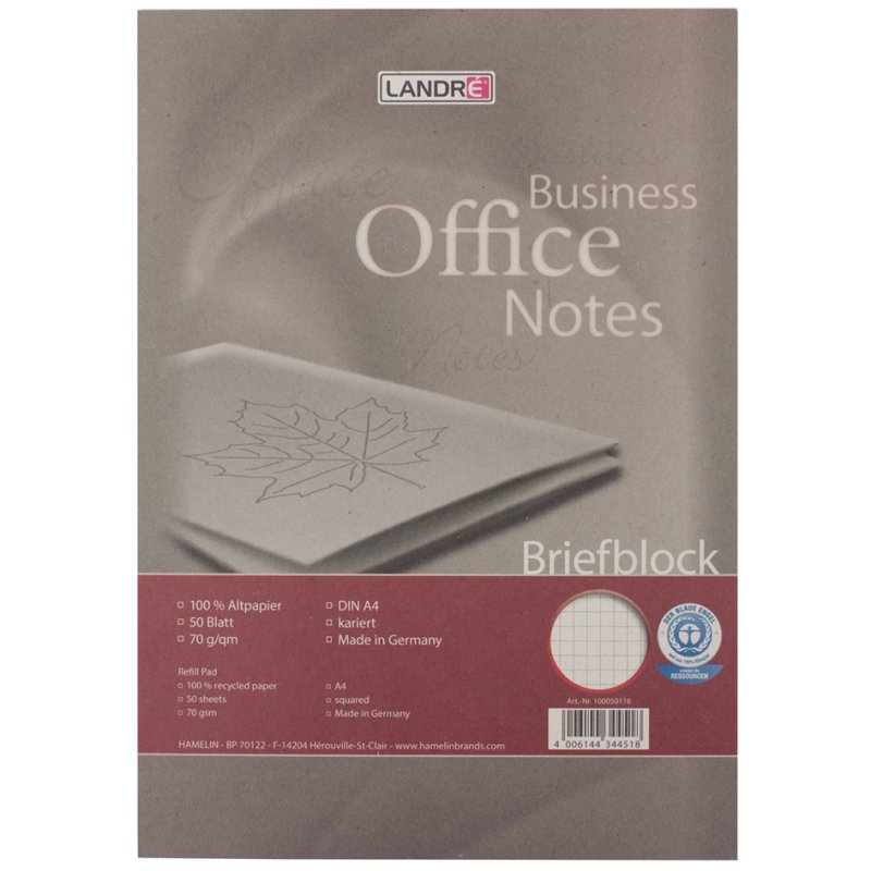 LANDRÉ bloc-notes papier recyclé A4, quadrillé, 50 feuilles, 70 g/m²
