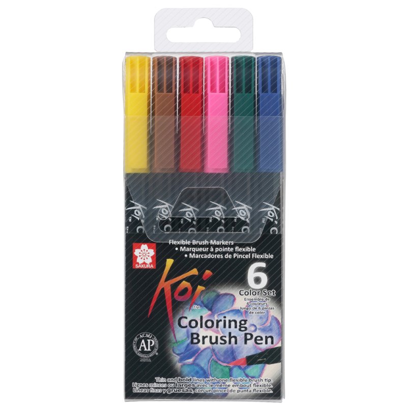SAKURA Koi Coloring Brush brush pens, 6 basic colours, flexible nylon tip
