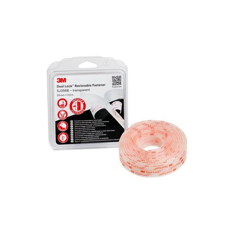 3M Dual Lock klittenband, 25 mm × 2,5 m, transparant, 5,7 mm