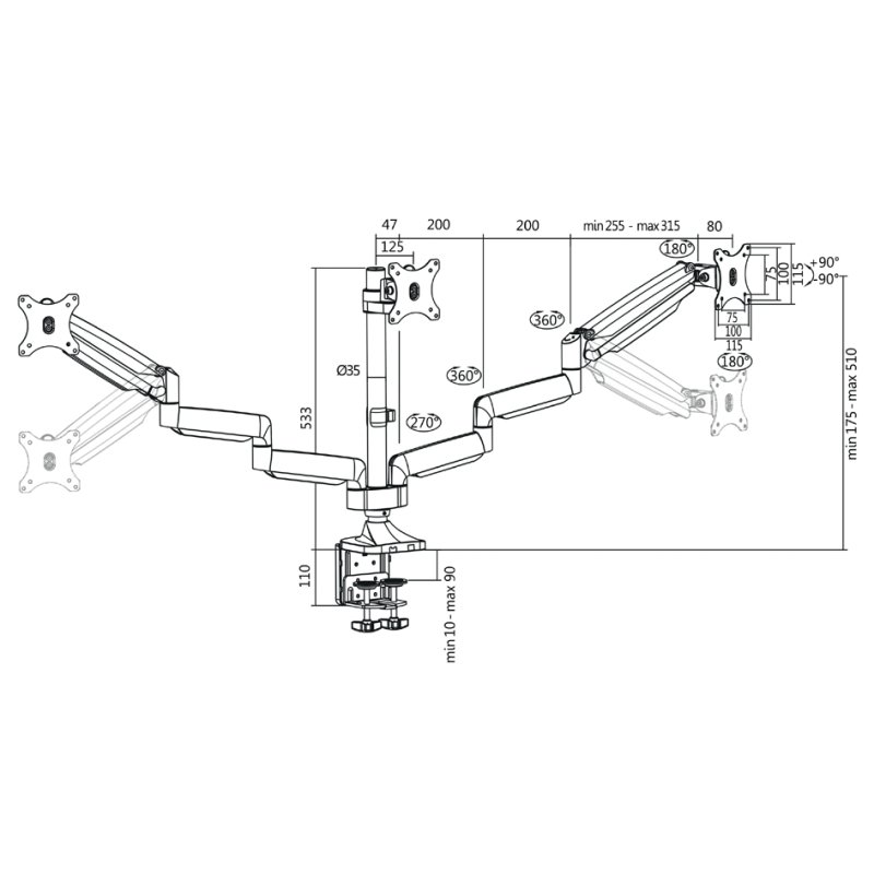 LogiLink bras triple pour moniteur, aluminium, argent, 13-32 pouces