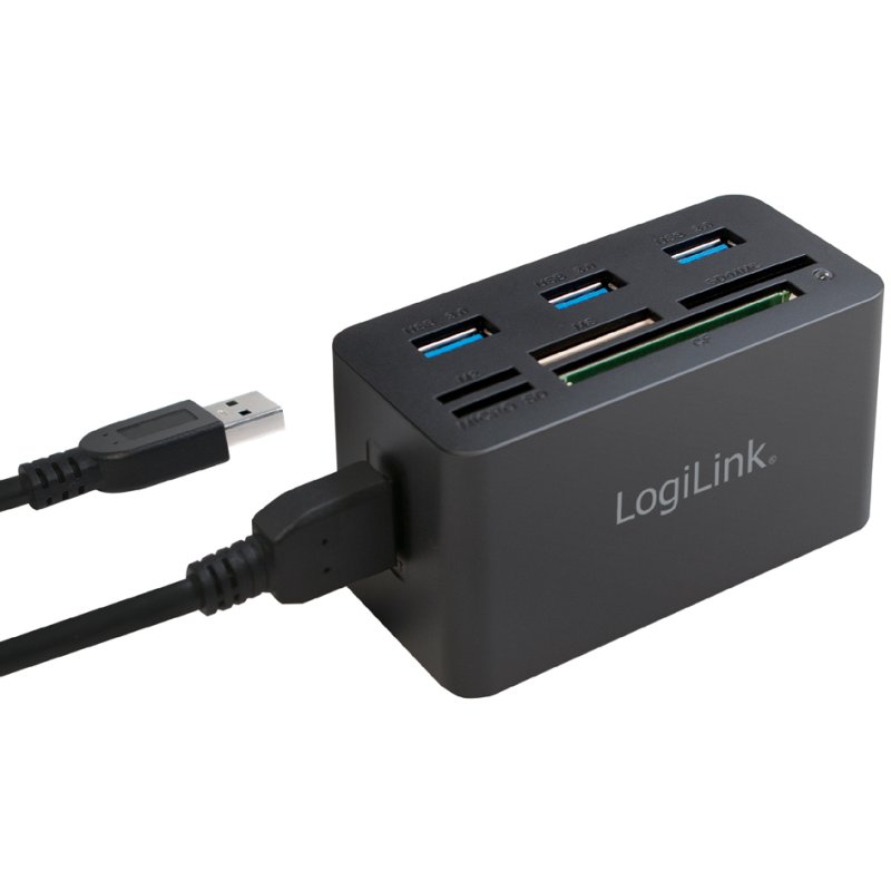 LogiLink Hub USB 3.0 avec lecteur de cartes tout-en-un, noir, 3x USB-A