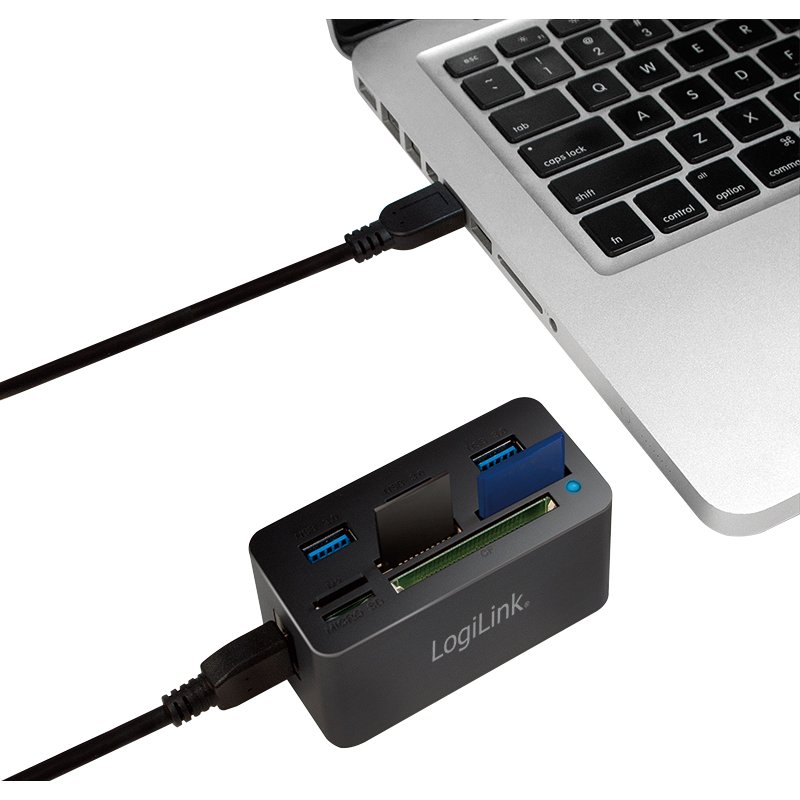 LogiLink Hub USB 3.0 avec lecteur de cartes tout-en-un, noir, 3x USB-A