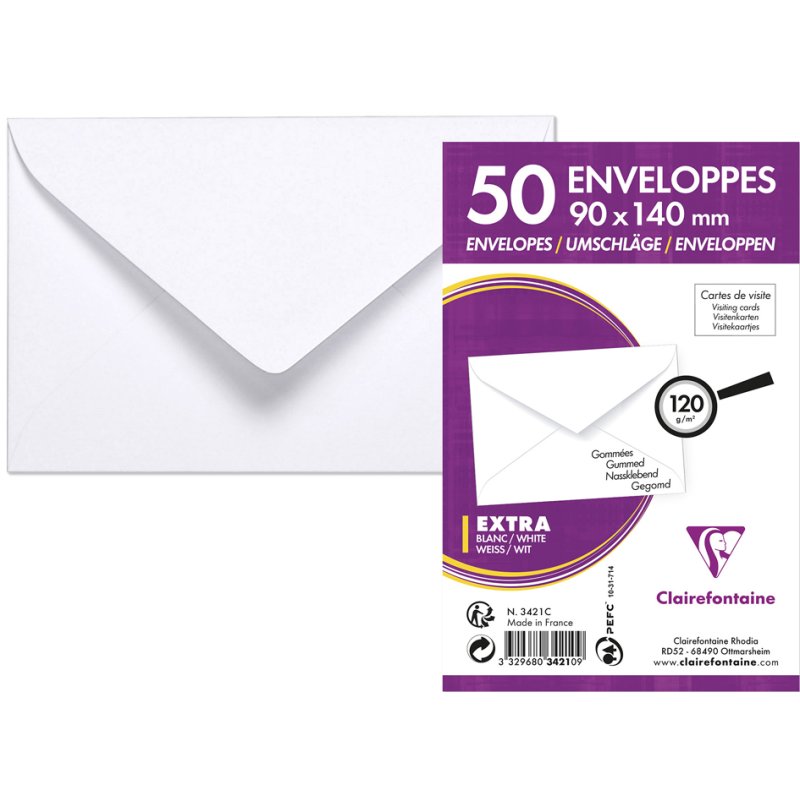 Claire 3421C enveloppen, wit, 120 g/qm, 50 stuks