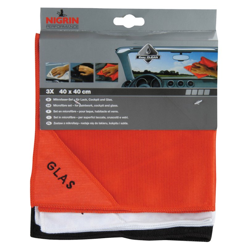 NIGRIN Performance chiffons microfibre set, vernis/verre/tableau de bord, 400×400 mm, 3 pièces