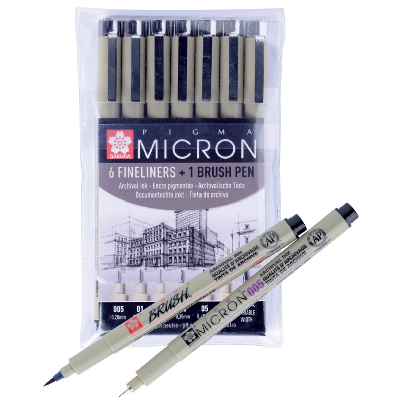SAKURA fineliners Pigma Micron, ensemble 6+1, noir, 0,20-0,50 mm