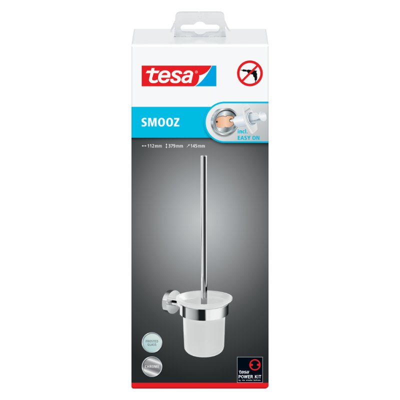 tesa SMOOZ brosse de toilette, chromé, fixation adhésive, 95×135×395 mm