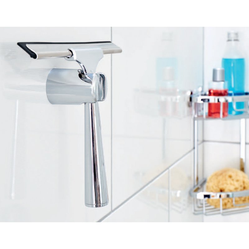 tesa shower cabin cleaner with holder, high-gloss chrome-plated, stainless steel, 239×55×175 mm
