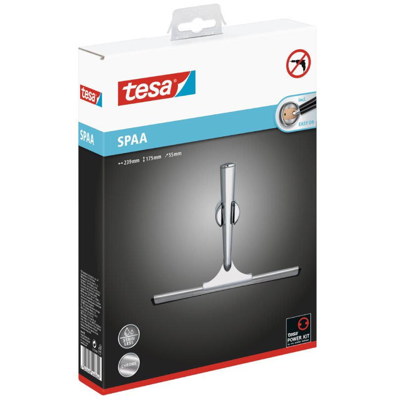 tesa shower cabin cleaner with holder, high-gloss chrome-plated, stainless steel, 239×55×175 mm