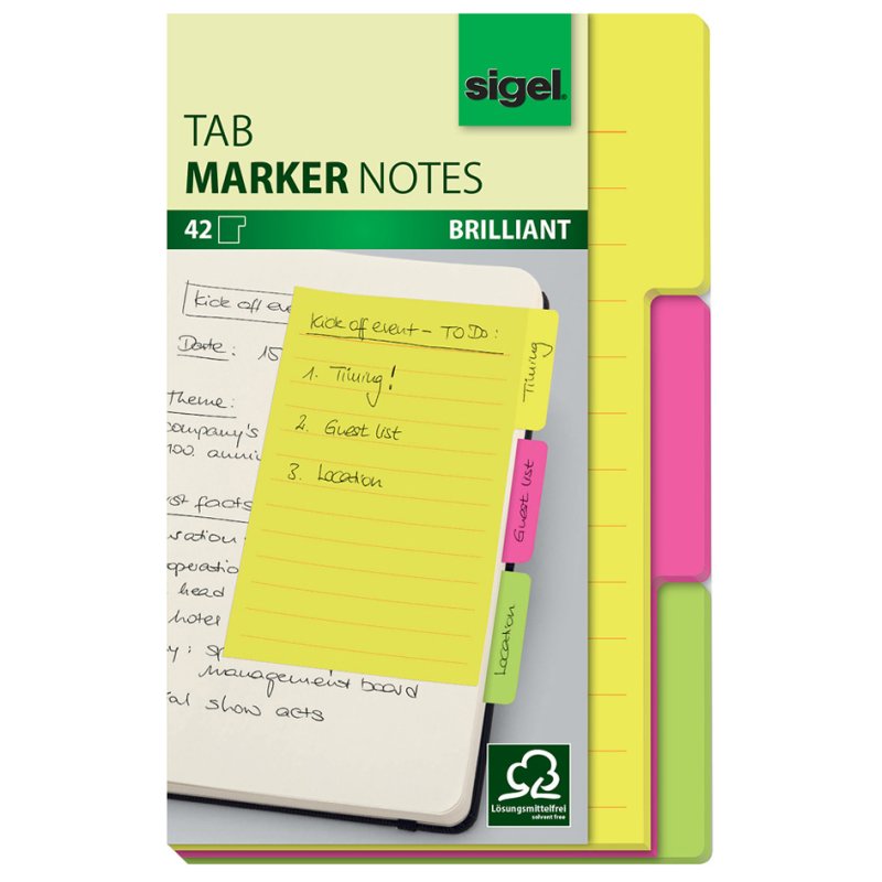 Sigel Tab Marker Notes bloc-notes adhésifs, 100×148 mm, jaune/rose/vert, 42 feuilles