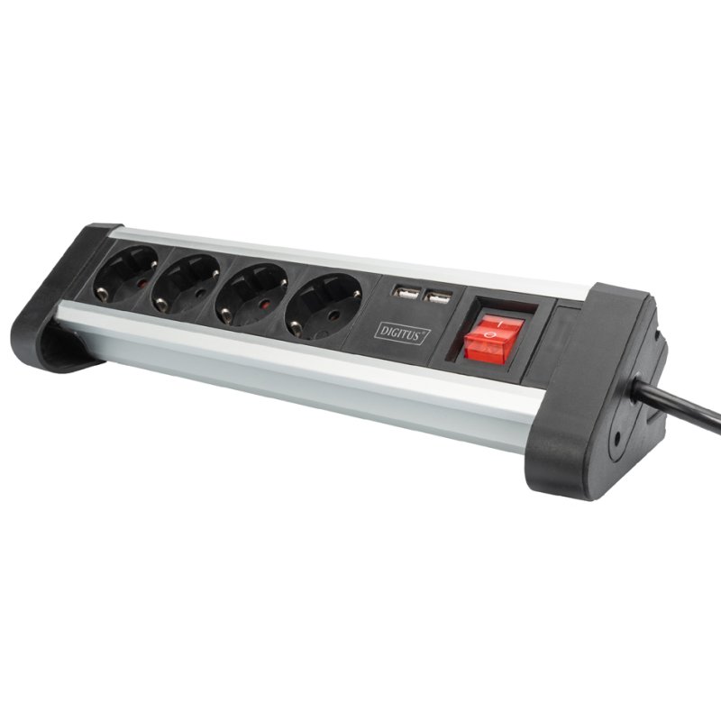 DIGITUS 4-way power strip, 2x USB ports, black/silver