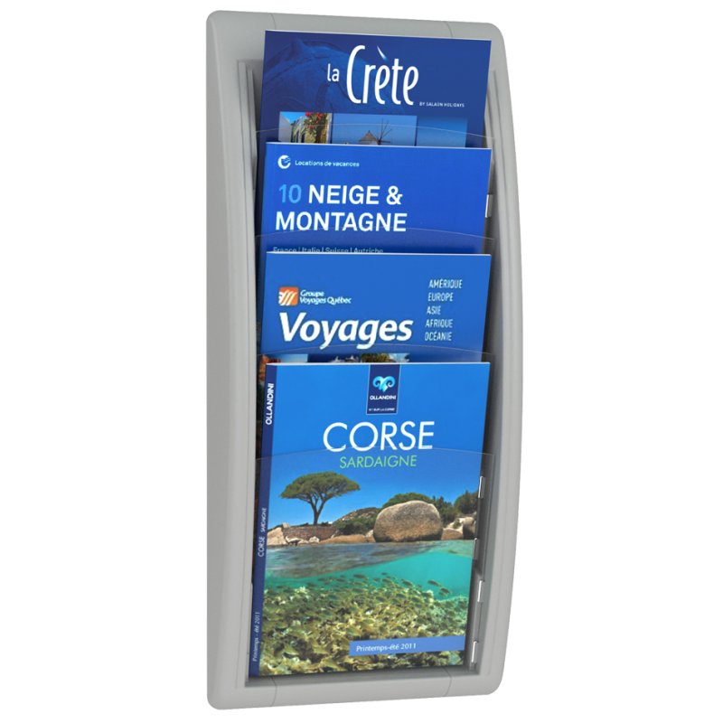 PAPERFLOW porte-brochures mural Quick fit, 4 compartiments, coloris aluminium, 290×95×650 mm
