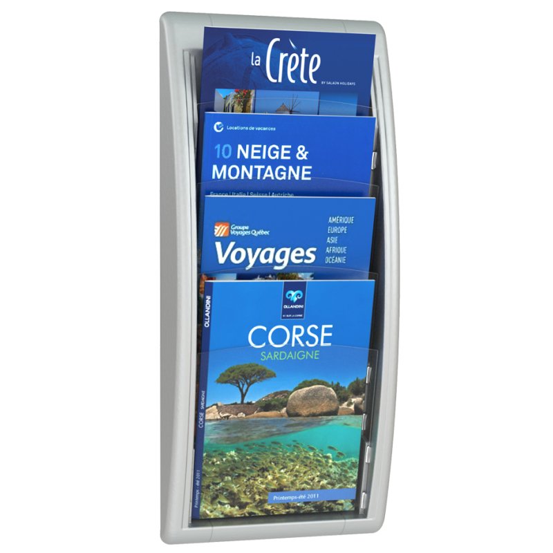 PAPERFLOW porte-brochures mural Quick fit, 4 compartiments, coloris aluminium, 290×95×650 mm