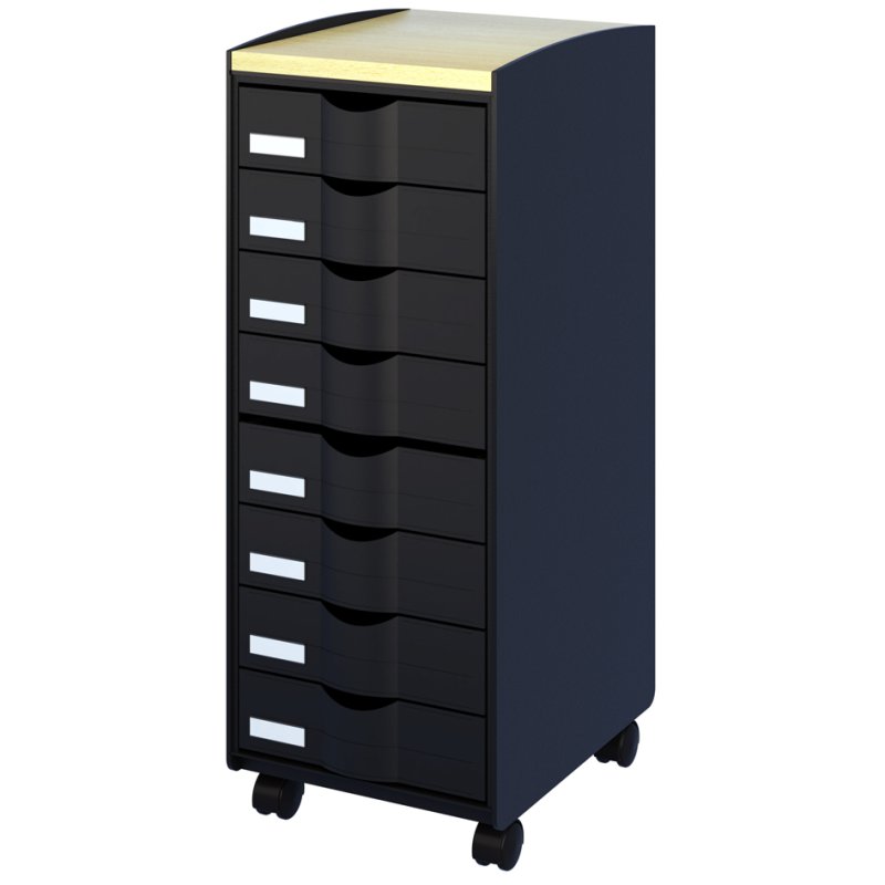 PAPERFLOW caisson roulant, 16 tiroirs, noir/hêtre, 4 roulettes
