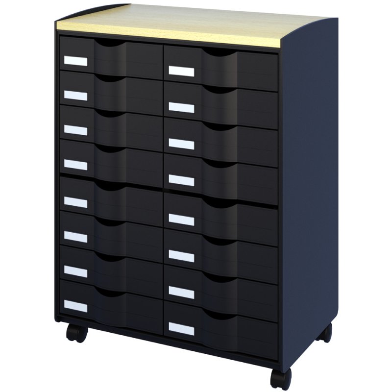 PAPERFLOW caisson roulant, 16 tiroirs, noir/hêtre, 4 roulettes