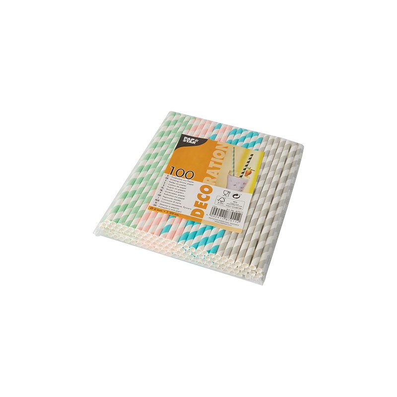 PAPSTAR pailles en papier rayées, mélange de couleurs, 200 mm, 100 pièces