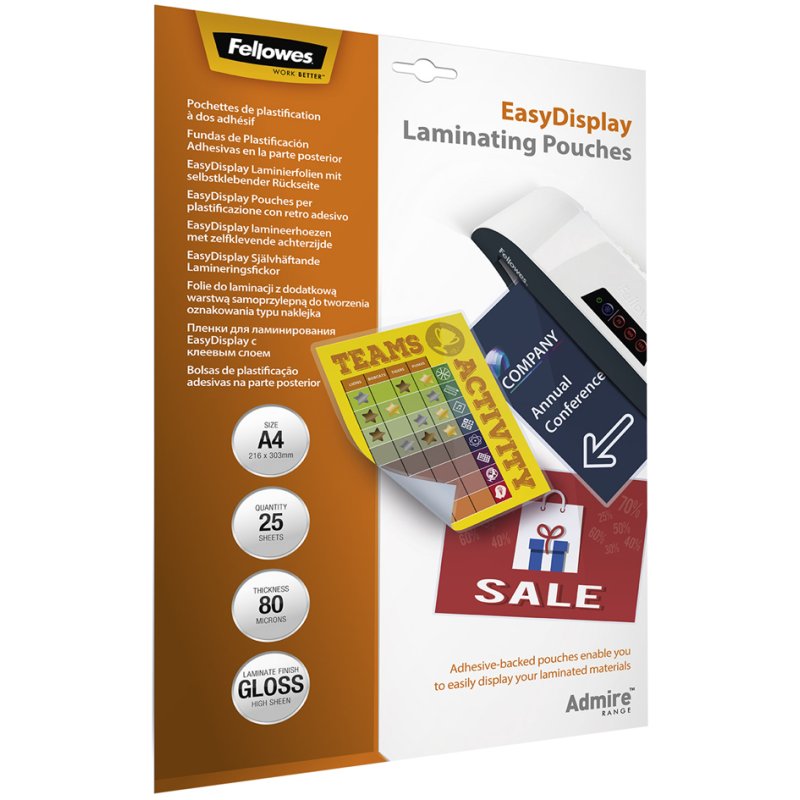 Pochettes de plastification Fellowes A3 EasyDisplay, auto-adhésives, 160 microns, 25 pcs