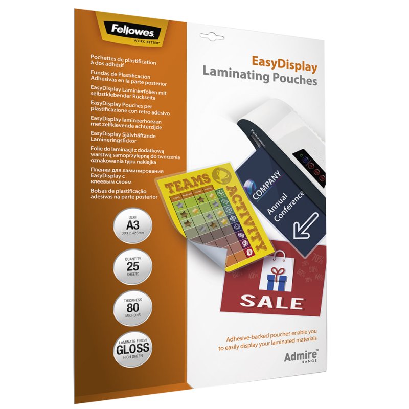 Pochettes de plastification Fellowes A3 EasyDisplay, auto-adhésives, 160 microns, 25 pcs