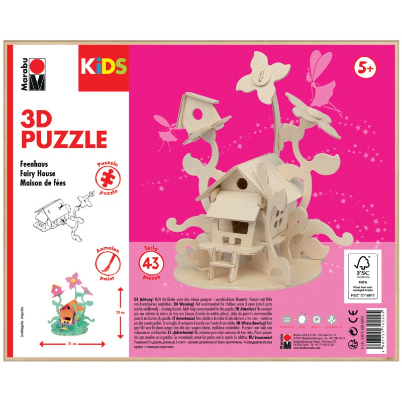 Marabu KiDS 3D puzzel Feeënhuis, 43 stuks, sperrhouten bouwset