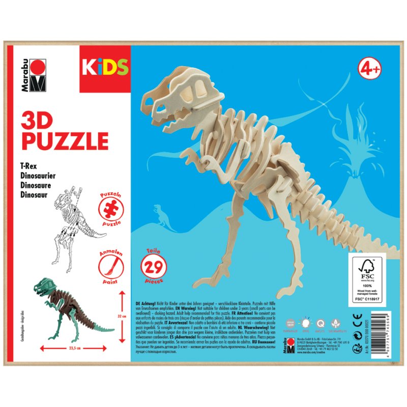 Marabu KiDS 3D puzzel T-Rex Dinosaurus, 29 stuks, sperrenhout