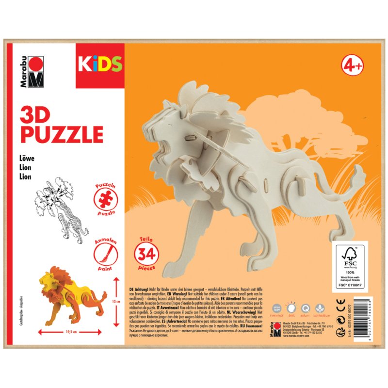 Marabu KiDS 3D puzzel Leeuw, 34 stukjes, sperrenhout, 195×130 mm