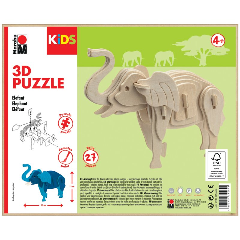 Marabu KiDS 3D puzzel Olifant, 27 stuks, sperrenhout, 160×130 mm