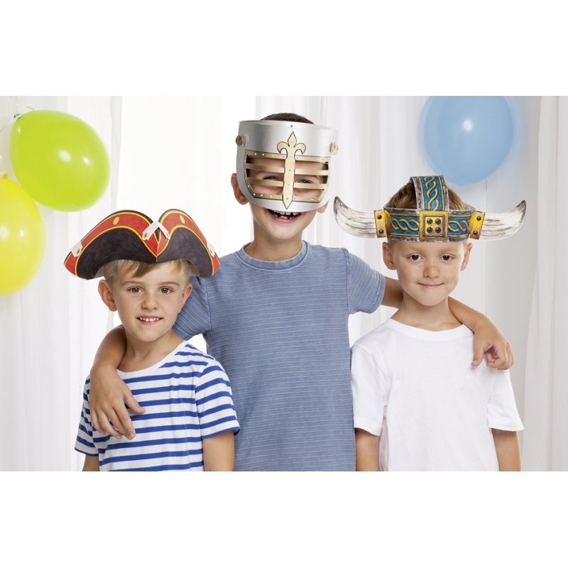 folia kinderhoeden set Avontuur, piratenhoed/Vikinghelm/ridderhelm, wit karton, 3 stuks