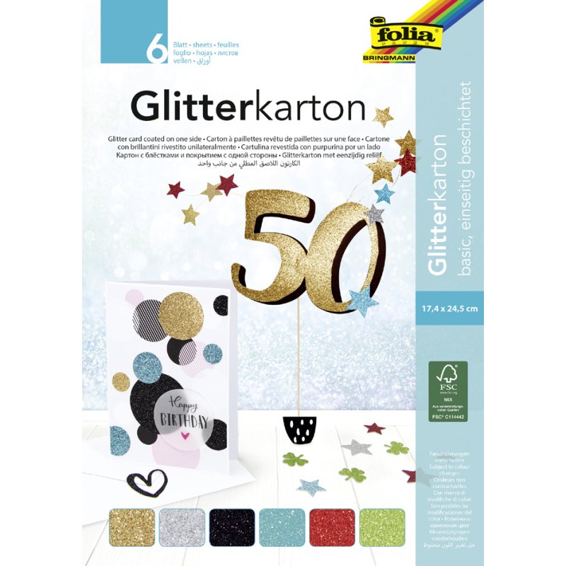 folia glitterkarton blok basic kleuren, 170 × 245 mm, 300 g/m², 6 vel