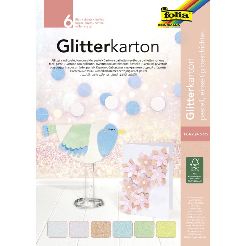 folia glitterkarton blok basic kleuren, 170 × 245 mm, 300 g/m², 6 vel