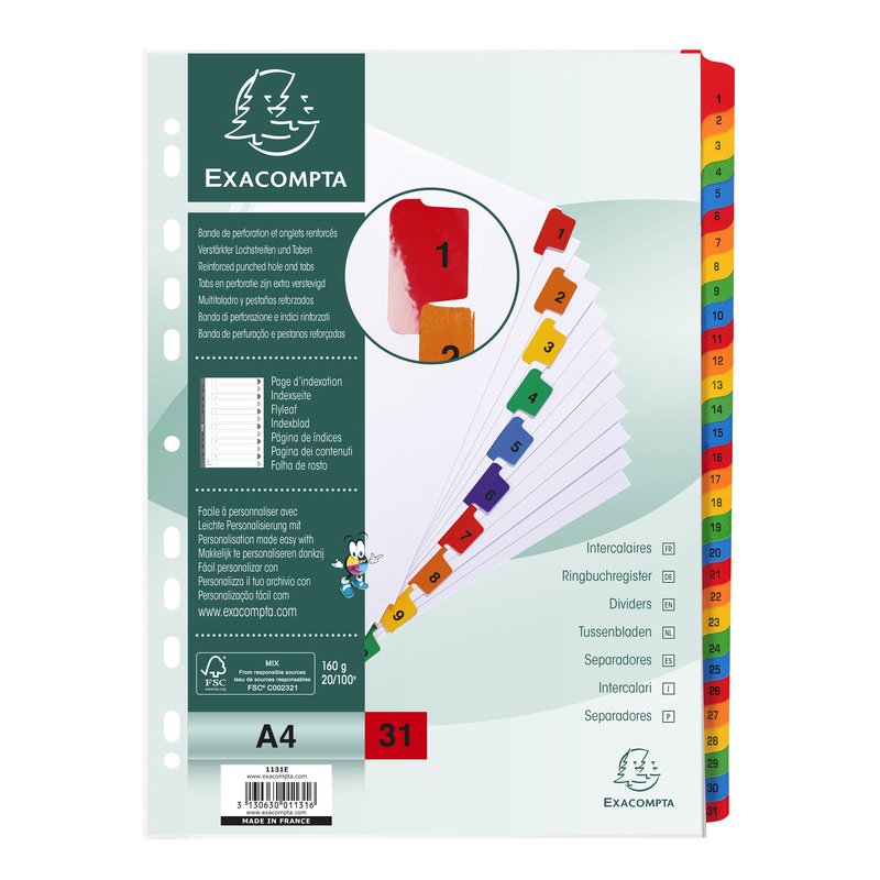 EXACOMPTA kartonnen tabbladen 1-31, A4, wit, 31-delig