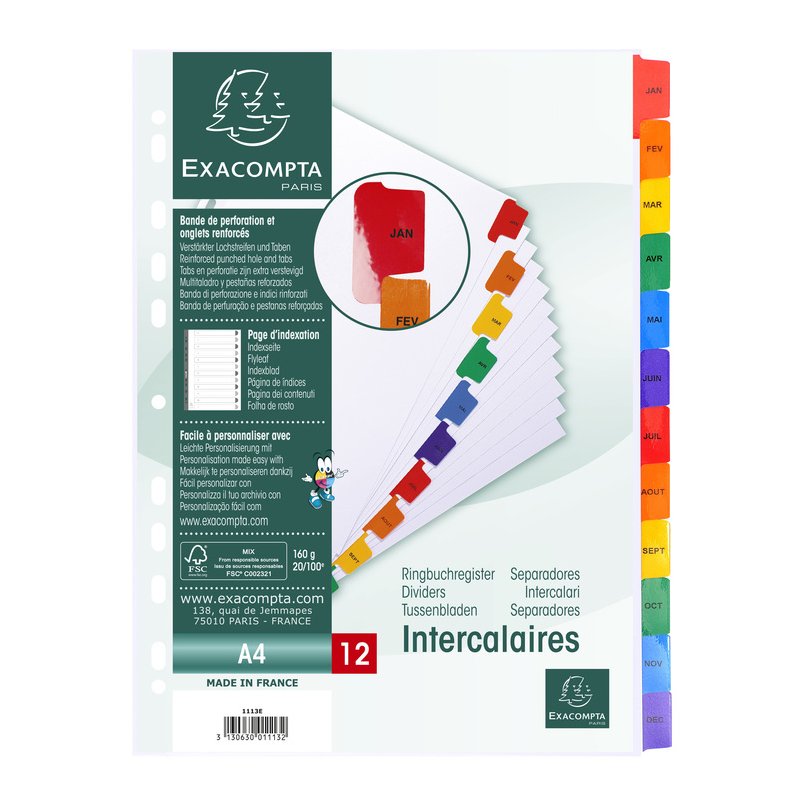 EXACOMPTA maandelijkse tussenvellen januari-december, A4, 160 g/m², 12 stuks