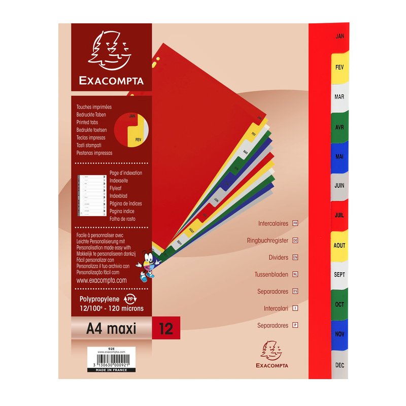 EXACOMPTA intercalaires mensuels janvier-décembre, A4, PP 0,12 mm, 12 pièces
