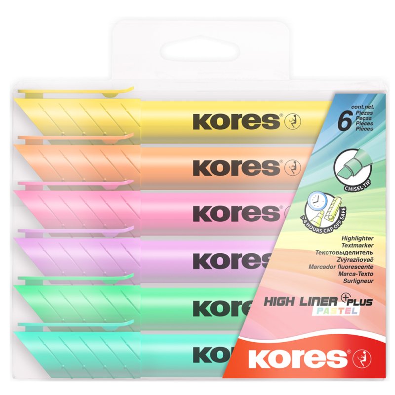 Kores highlighters High Liner Plus, pastel colours, case of 6 pieces