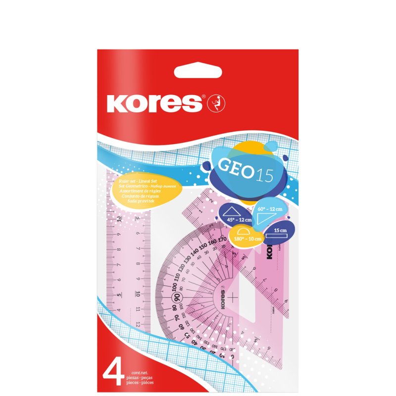 Kores geometrieset GEO15, 4-delig, kunststof, kleurrijk gesorteerd