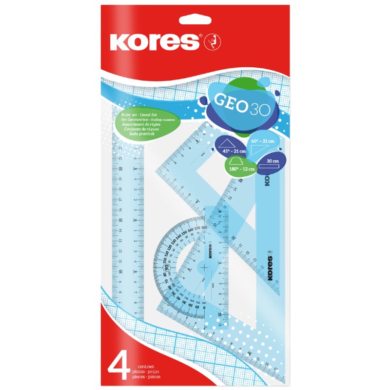 Kores geometrieset GEO15, 4-delig, kunststof, kleurrijk gesorteerd