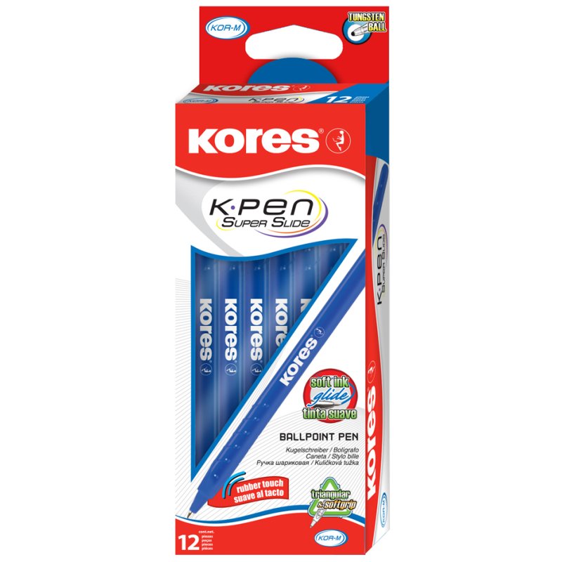Kores stylos à bille jetables K-Pen Super Slide K0, bleu, forme triangulaire, pointe moyenne