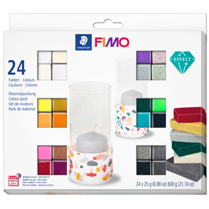 FIMO EFFECT pâte à modeler, durcissante au four, 24 blocs de 25 g, assortiment de couleurs