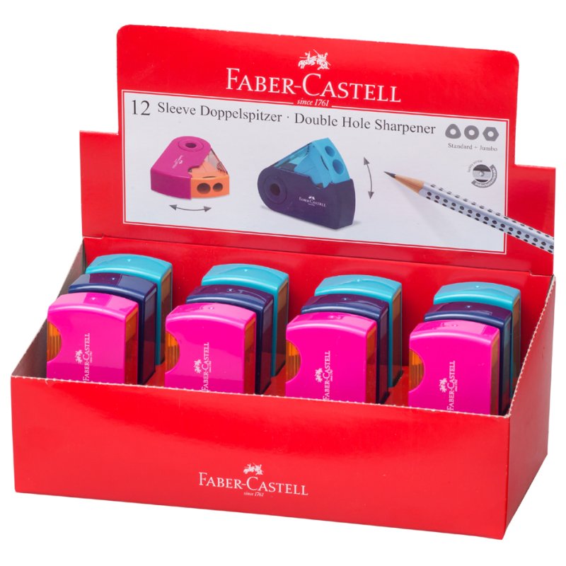 Faber-Castell pencil sharpener SLEEVE, with collection tray, colour mix, 12 pieces