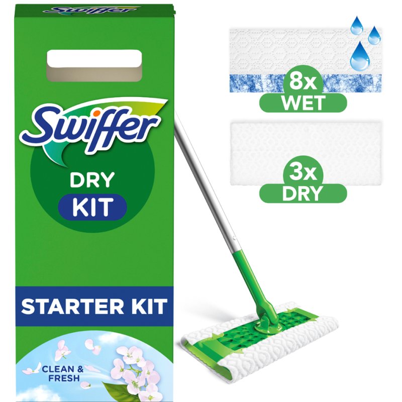 Swiffer kit de démarrage balai, lingettes sèches et humides, tête rotative flexible