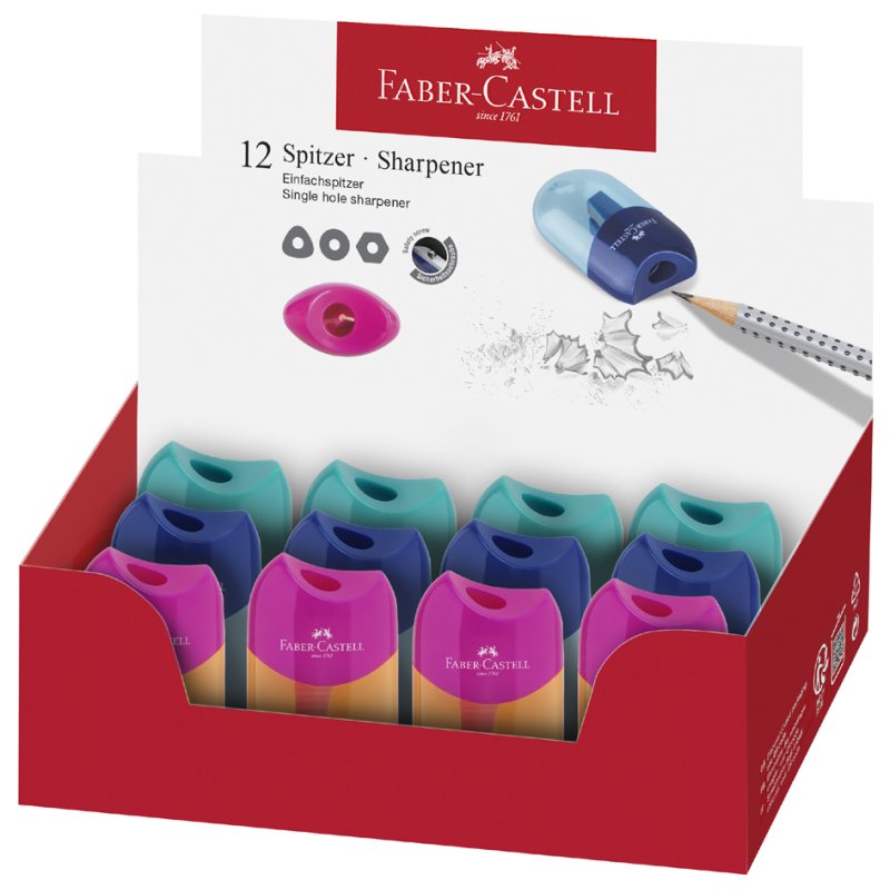 Faber-Castell pencil sharpener TREND 2019, shavings tray, assorted colours, 12 pieces