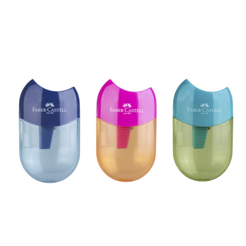 Faber-Castell pencil sharpener TREND 2019, shavings tray, assorted colours, 12 pieces
